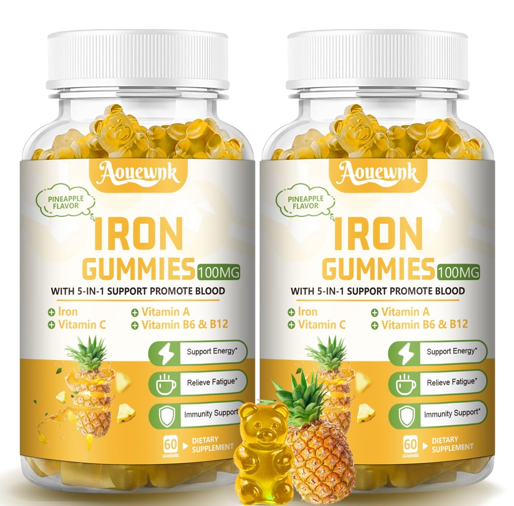 2 Packs 100MG Iron Supplements Gummies for Women & Men - Contains Vitamin C, A, B - Suitable Adults & Kids, Iron Deficiency, Immune & Energy Support, Pineapple Flavor, Non-GMO, 120 Counts