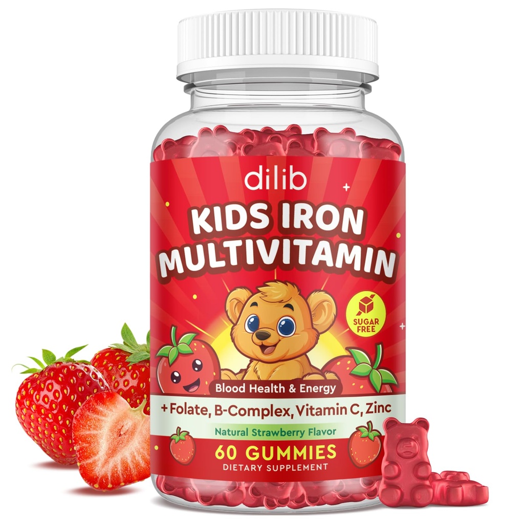 Iron Supplement Gummies for Kids, Kids Multivitamin with Iron Gummies - Zinc, Vitamin B Complex, A, C, D3, B12, Folate for Blood Builder & Energy Support, Iron Deficiency, Vegan Strawberry 60 Gummies