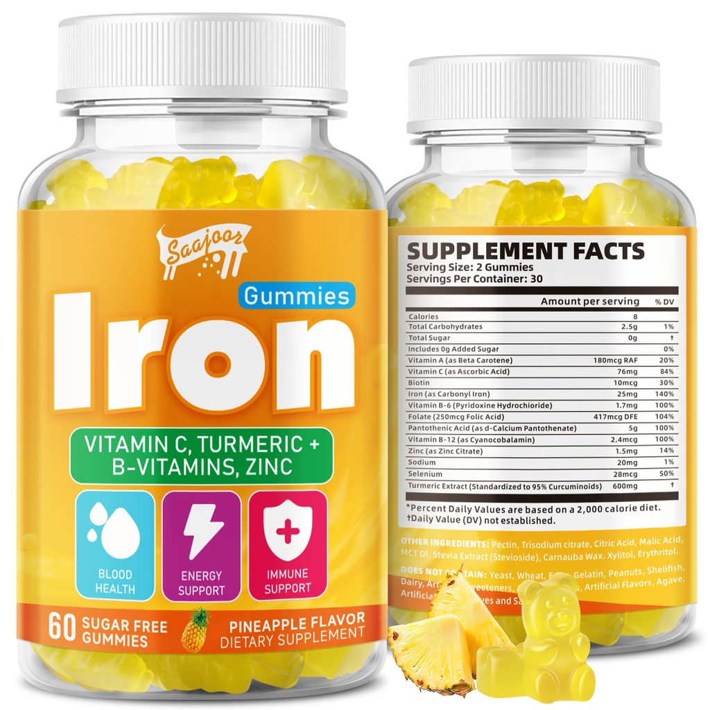 Iron Gummies with Multivitamin for Adults & Kids – Packed with Vitamin B6, B12, C, Zinc, and Folate – for Blood Health & Energy Boost – Pineapple Flavor, Vegan-Friendly, 60 Gummies