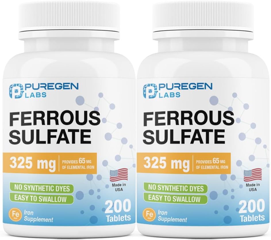 Puregen Labs Ferrous Sulfate 325 mg (65 mg Elemental Iron) High Potency Železo Supplement 