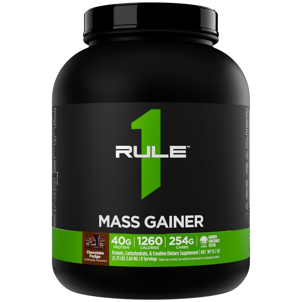 Rule 1 Proteins Mass Gainer - High-Calorie Weight Gain Formula with 1,220+ Calories, 250g+ Complex Carb Blend, 40g All-Whey Protein Per Serving (8 Servings, Chocolate Fudge)
