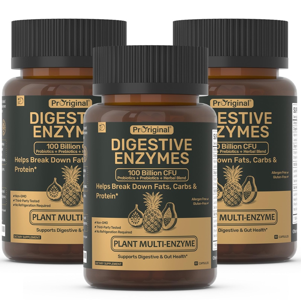 Digestive Enzymes Supplement with 100 Billion CFU Organic Probiotic & Prebiotic - Multi-Enzyme Formula for Women & Men - Supports Digestive & Gut Health, Aids Protein, Carb & Dairy Digestion, 180 Caps