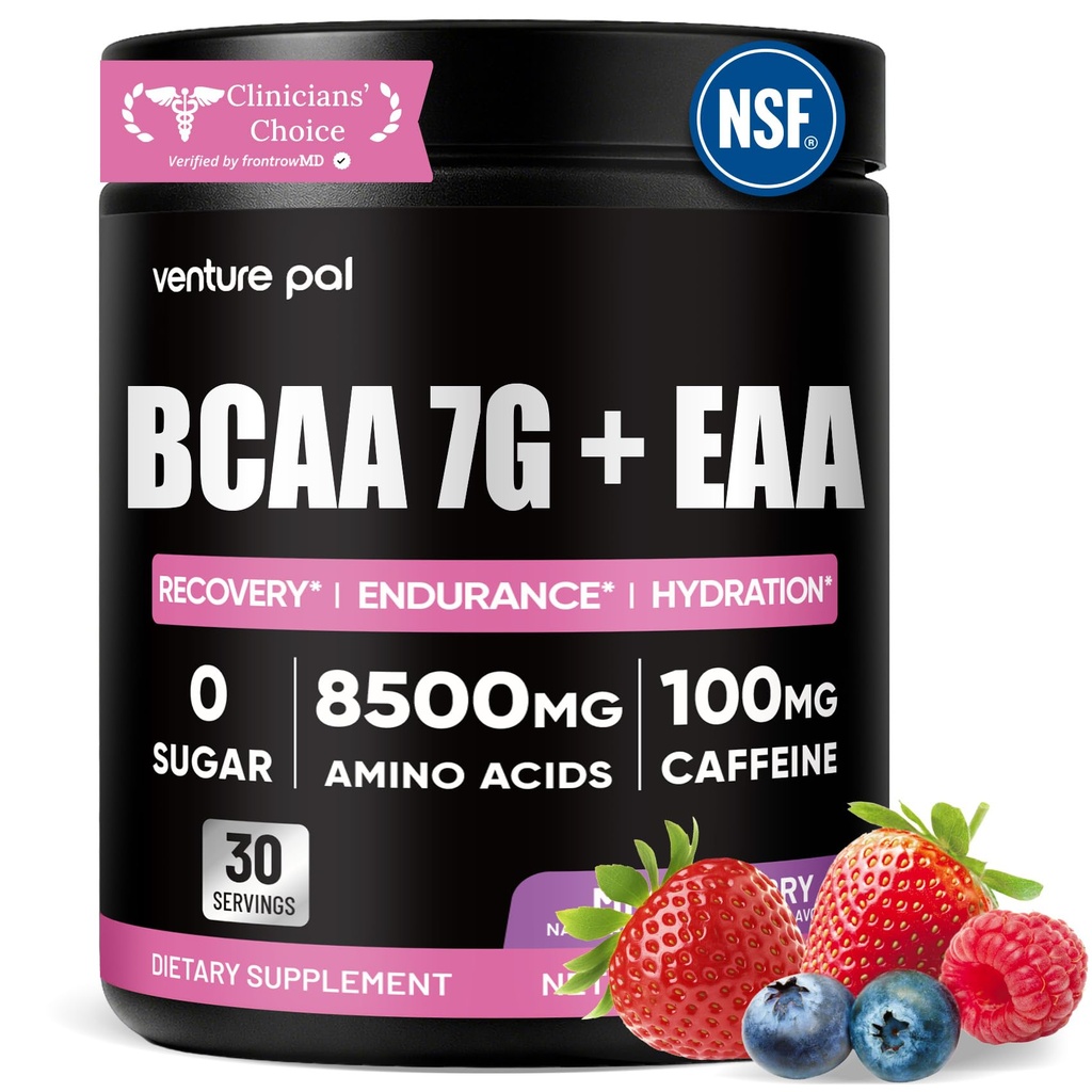 Sugar Free 7g BCAA + EAA Powder | Supports Muscle Recovery, Growth, Strength & Endurance – 11 Essential Amino Acids with L-Glutamine, Caffeine, Vitamin & Electrolyte for Energy & Hydration