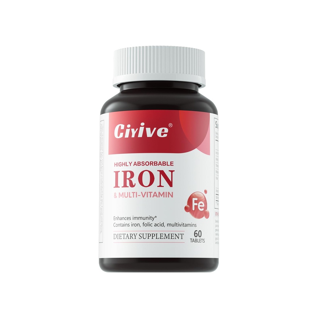 Gentle Iron (Ferrous Bisglycinate Chelate) with Vitamin C, B12 & Folate — 25 mg Iron — 60 Tablets, 2-Month Supply