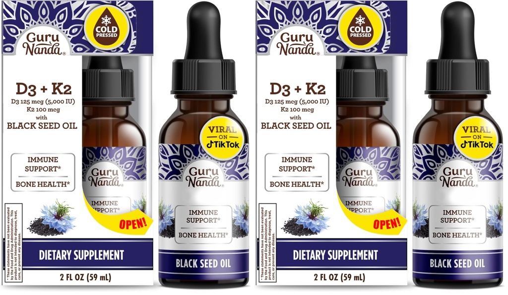 GuruNanda Black Seed Oil, Cold-Pressed Nigella Sativa - Rich in Vitamin D3 5000 Units, K2 & E, High Thymoquinone | Potent Antioxidant for Immune Support, Non-GMO, 2 Fl.oz,(Pack of 2)