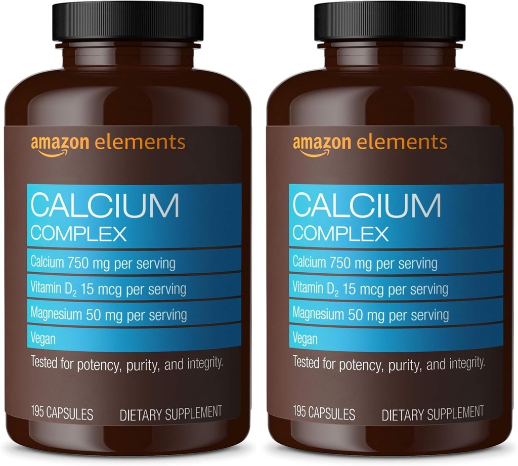 יסודות Calcium מורכבים עם ויטמין D, 250 מ"ג Calcium (3 לכל משרת), טבעוני, 195 קפסולות (Packaging May Vary), תומך עצמות חזקות ובריאות החיסון (Pack of 2)