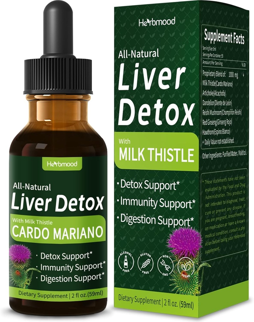Melkdistel Lever Detox Drops, Cardo Mariano (con Silimarina) y Diente de León para el Hígado Graso, Liver Support Supplement w/Artichoke & Dandelion Extract for Liver Cleanse & Repair.