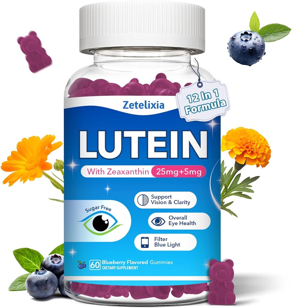 Lutein Gummies, 12 in 1 Lutein e Zeaxanthin Integra le vitamine degli occhi Gummies per gli adulti, Integratore per la salute degli occhi con la vitamina multipla per la promozione dell'occhio e della visione - 60 Gummies