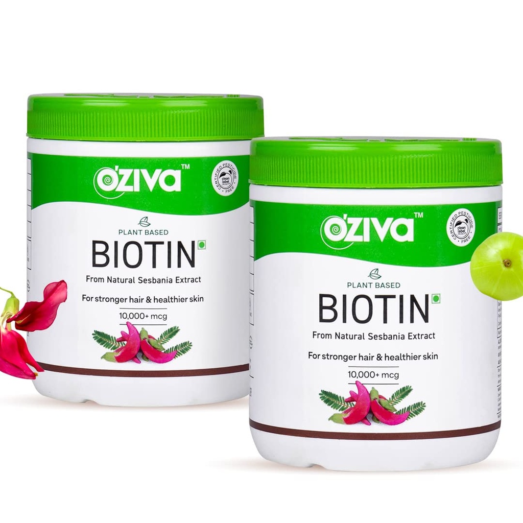 OZiva Plant Based Biotin Powder 10000Mcg+ With Amla For Men & Women, Better Hair Growth, Hairfall Control & Healthier Skin, Certified Clean & Vegan, 125 Gm