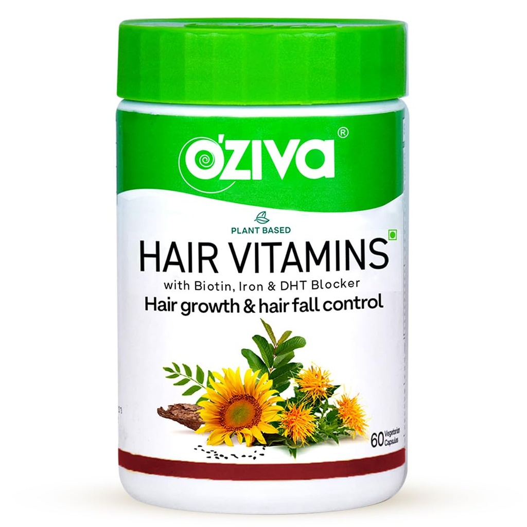 OZIVA Plant Based Hair Vitamins | Hair Vitamins for Hair Growth & Better Hair Health (with Omega-3, Biotin & Vitamin E for Hair), Certified Clean & Vegan, 60 Capsules
