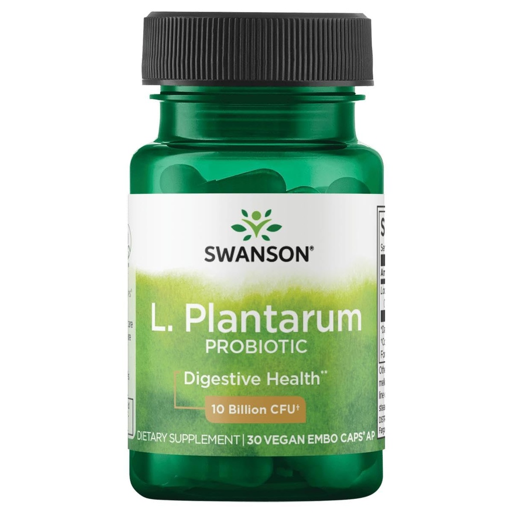 Swanson L. Plantarum - 10 Billion CFUs - Probiotic Supplement for Occasional Gas & Bloating - Supports Lower GI Tract Health* - No Refrigeration Needed - Non-GMO - 30 Vegan Capsules