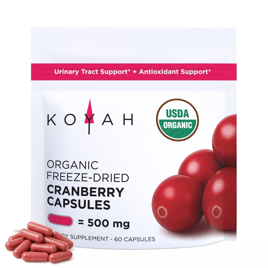 KOYAH - Organic Cranberry Capsules – Freeze-Dried Whole-Berry - 500 mg per Capsule - Urinary Tract Support & Antioxidant Support* - 60 Capsules