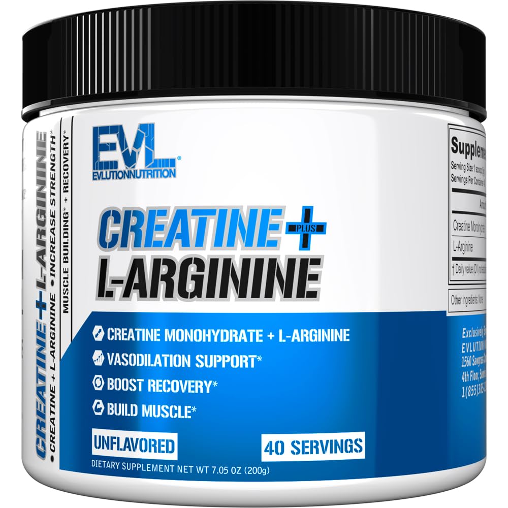 Evlution Nutrition Creatine + L-Arginine - Supports Vascularity, Recovery & Lean Muscle Growth - 2500mg Creatine Monohydrate & 2500mg L-Arginine Per Serving - 40 Servings - Unflavored Powder