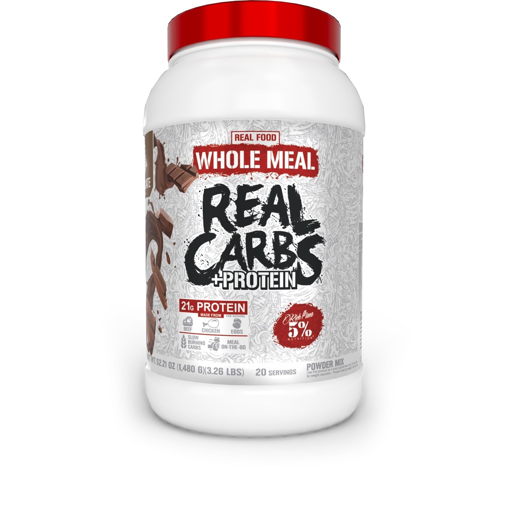 Rich Piana 5% Nutrition Real Carbs + Protein | Clean Mass Gainer Protein Powder | Real Food Carbohydrate Fuel for Pre Workout/Post-Workout Recovery Meal | 3.2 lb, 20 Servings (Chocolate)