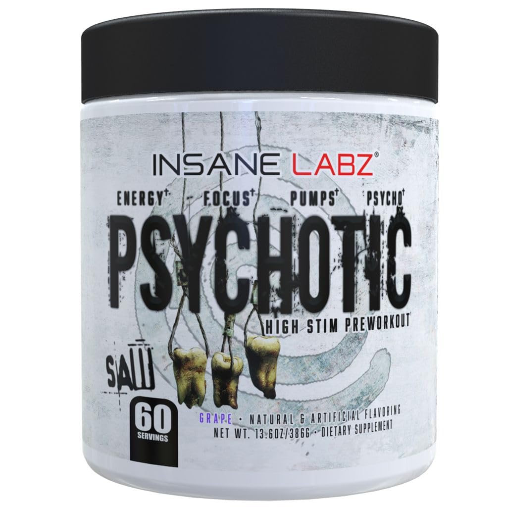 Insane Labz Psychotic Saw, High Stim Pre Workout Powder with OxyGold­™ and AMPiberry®,Extreme Lasting Energy with Teacrine®,Focus with CognitIQ® and Endurance (60 Servings, Grape)