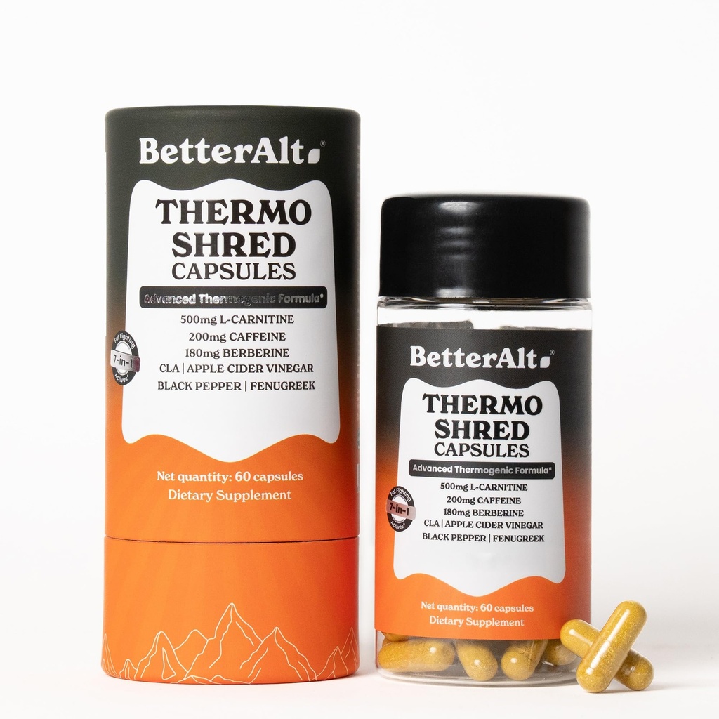Better Alt Thermo Shred Capsules | L-Carnitine 500mg, Caffeine 200mg |Berberine, CLA, ACV| Thermogenic Metabolism Support & Appetite Management| Energy & Fat Metabolism Formula | 60 Capsules