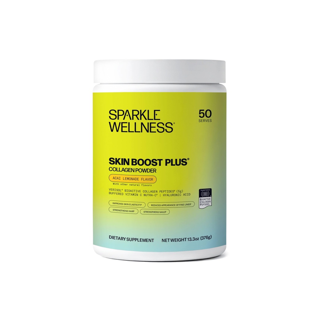 Sparkle Wellness VERISOL Bioactive Hydrolyzed Collagen Peptides | Collagen Powder with Vitamin C & Hyaluronic Acid for Hair, Skin, and Nail Health | Skin Boost Plus (Acai Lemonade) [50-Serves]