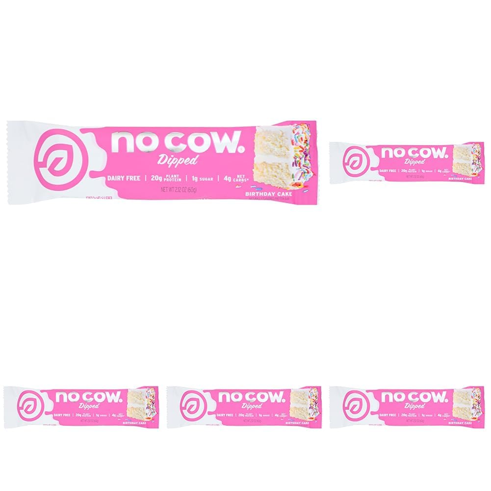No Cow Protein Bars, Birthday Cake, 20g Plant Based Vegan Protein, Keto Friendly, Low Sugar, Low Carb, Low Calorie, Gluten Free, Naturally Sweetened, Dairy Free, Non GMO, Kosher, 1 Count (Pack of 5)