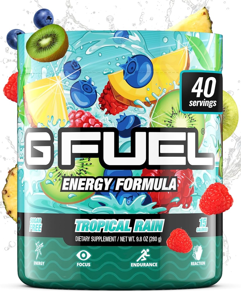 G Fuel Tropical Rain Energy Drink Powder, Pre Workout Caffeine Mix for Gaming, Sugar Free Focus Amino, Vitamina + Antioxidantes, 9.8oz (Fruit Medley, 40 Servings)