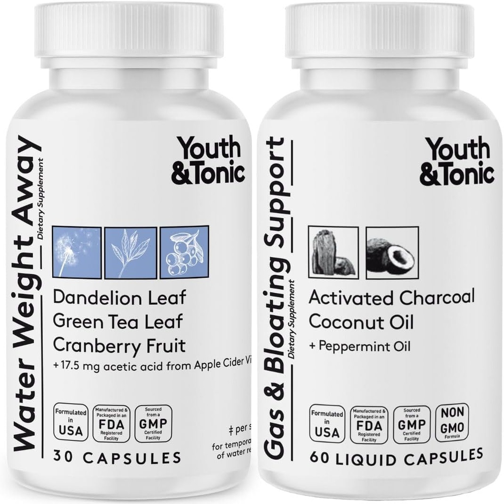 الماء Weight Away " Gas and Bloating - Diuretic " Charcoal Pills for Bloating Relief - Support for Water Retention, Swollen Legs & Digestive Bloating — Peppermint " Coconut Oil - 90 Pills