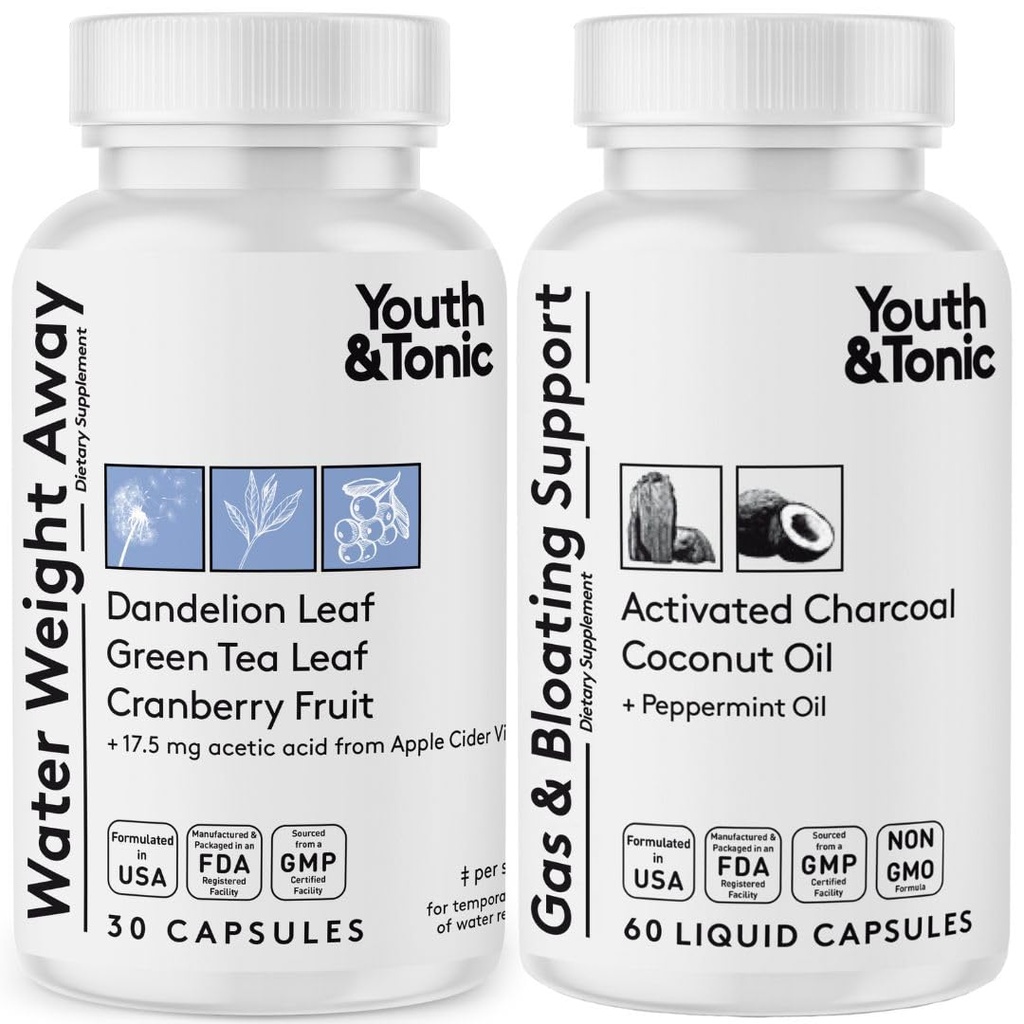 Water Weight Away & Gas and Bloating – Diuretic & Charcoal Pills for Bloating Relief – Support for Water Retention, Swollen Legs & Digestive Bloating – Peppermint & Coconut Oil – 90 Pills