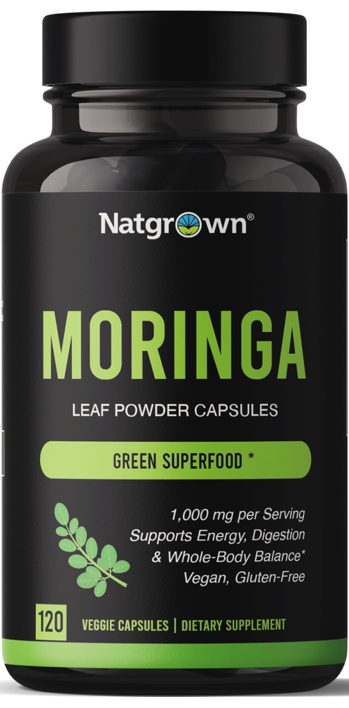 Natgrown Organic Moringa Capsules 1,000 mg - Pure Moringa Leaf Powder - Green Superfood Supplement - Vegan, Gluten-Free - 120 Capsules