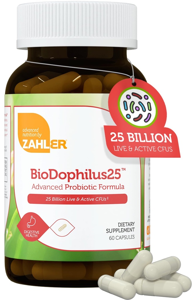 Zahler BioDophilus25, 25 Billion CFU Probiotic + Prebiotic - 11 Strains Daily Probiotic Supplement - Kosher Probiotics for Women for Digestive Health, Probiotics for Men for Gut Health (60 Capsules)