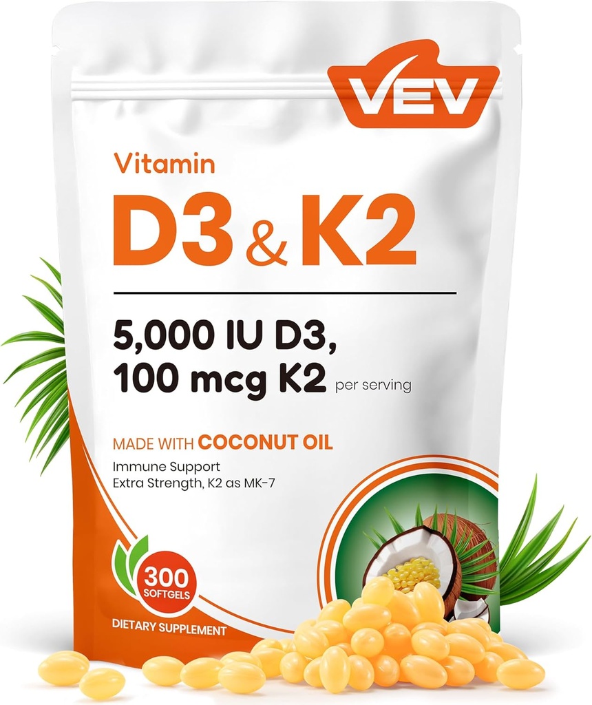 VEV Corefeel Βιταμίνη D3 K2, 5000 IU D3 100mcg K2 (MK 7), 300 Softgels, 2-σε-1 συμπλήρωμα βιταμίνης D & K με λάδι καρύδας, υποστηρίζει την απορρόφηση ασβεστίου και την υγεία των οστών, εύκολο να καταπιούν
