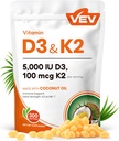 VEV Corefeel Vitamina D3 K2, 5000 UI D3 100mcg K2 (MK 7), 300 Softgels, 2-in-1 Vitamina D & K Supliment cu ulei de nucă de cocos, suporta absorbţia de calciu şi sănătatea osoasă, uşor de înghiţit