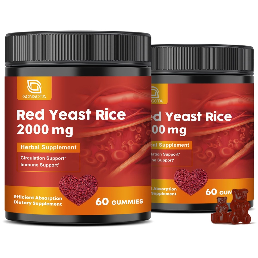 GONGOTA Red Yeast Rice 2,000mg with CoQ10 Gummies - Max Strength Extract Red Yeast Rice Supplement with CoQ10 200 Plus Citrus Bergamot, Cholesterol Lowering Supplements,Vegan, Non-GMO – 120 Counts