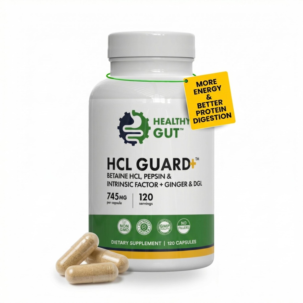 Healthy Gut HCL Guard | Betaine HCl with Pepsin | Betaine Hydrochloride Digestive Supplement w/Organic Ginger Root & DGL | 60 Servings