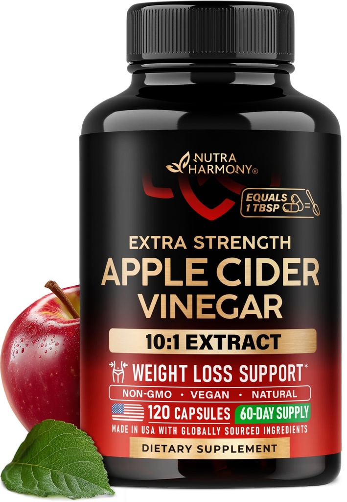 Apple Cider Vinegar Capsules - 100% Natural Pure ACV - Weight Loss & Energy Support - Extra Strength 10:1 Extract - Alternative to Gummies & Liquid - 3rd Party Lab Tested - 120 Capsules, 60-Day Supply