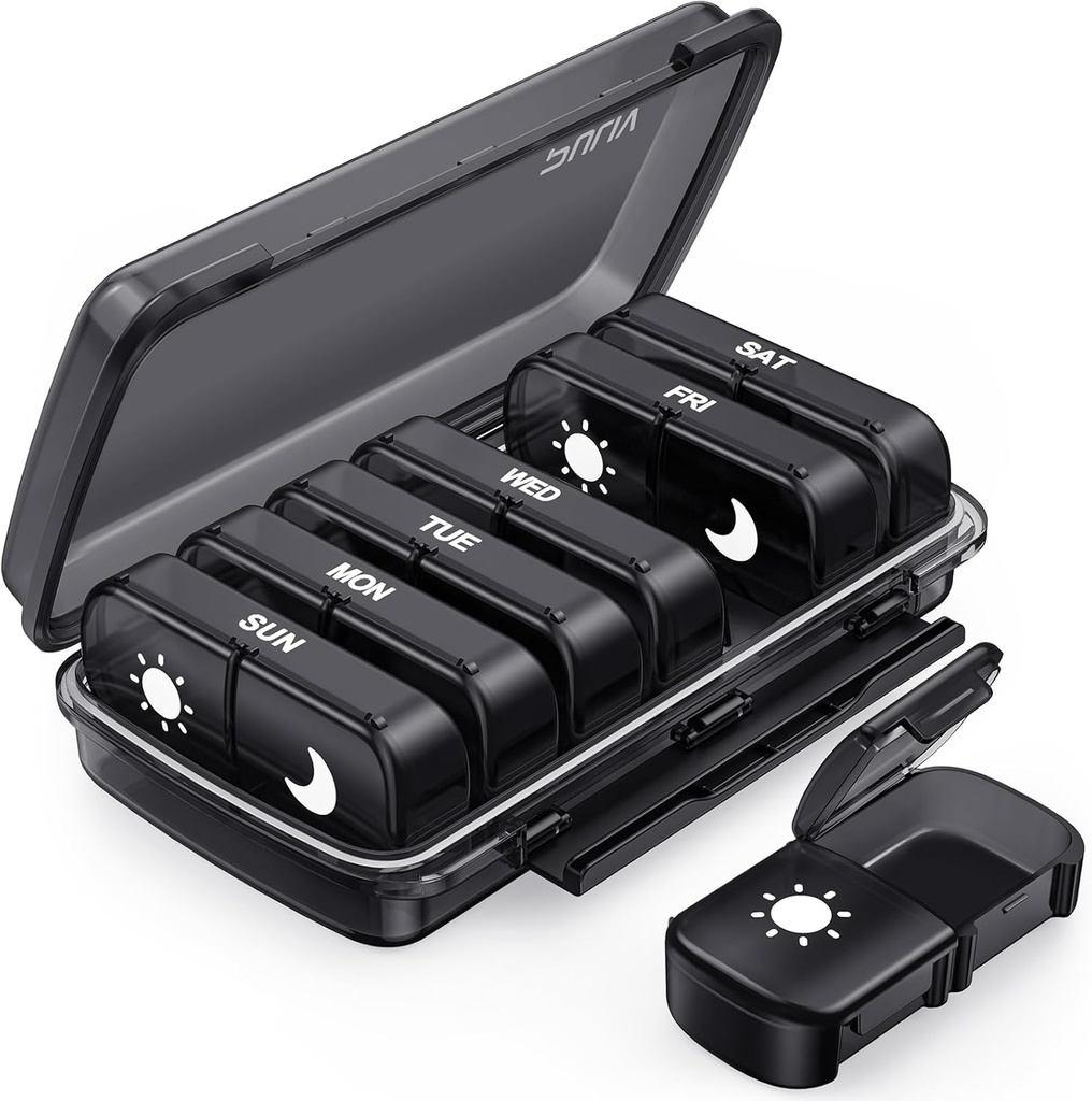 PULIV Týždenný pilulky Organizátor 7 deň 2 krát denne, Black Damp-Proof AM PM pilulky Box 7 deň, Pill puzdro s prenosným dizajnom, Veľká medicína Organizátor pre vitamíny, lieky, Rybie oleje, Doplnky