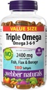 Webber Naturals Triple Omega 3 6 9, 2400 mg Fish Oil Per Serving, High Potency, 180 Softgels, No Fishy Aftertaste, Ultra-Purified, for Heart, Brain & Cardiovascular Health, Omega 3 Fish Oil