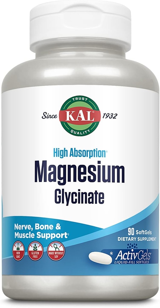 KAL Magnesium Glycinate ActivGels 315mg, Tambahan Absorpsi Magnesium Tinggi untuk Muscle, Nerve & Bone Health Support, Non-GMO, Gluten Free, 30 Servings, 90 Softgels