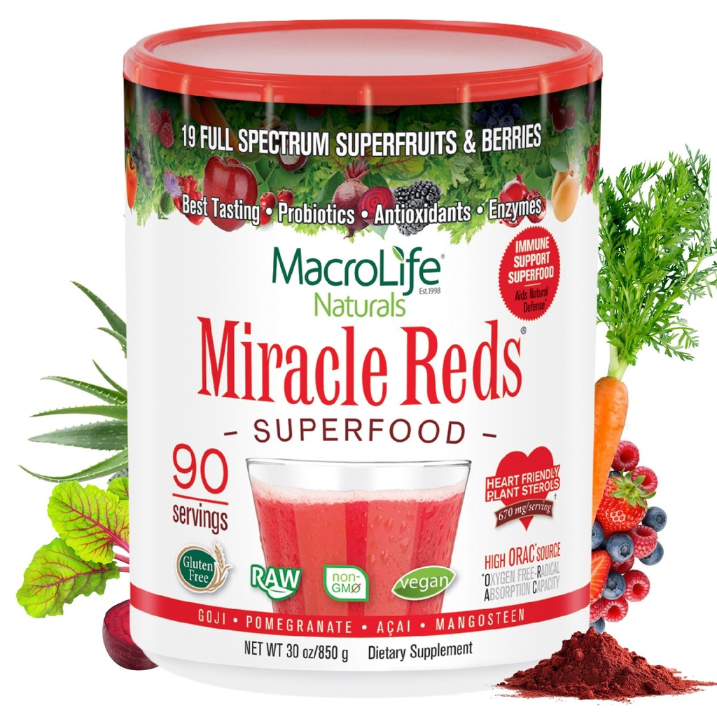 MacroLife Naturals Miracle Reds Superfood Powder 19 Blended Fruit & Berry Polyphenols Enzymes Probiotics & Antioxidants Supplement - Raw Non-GMO & Vegan Whole Food Vitamins - 30oz - 90 Servings