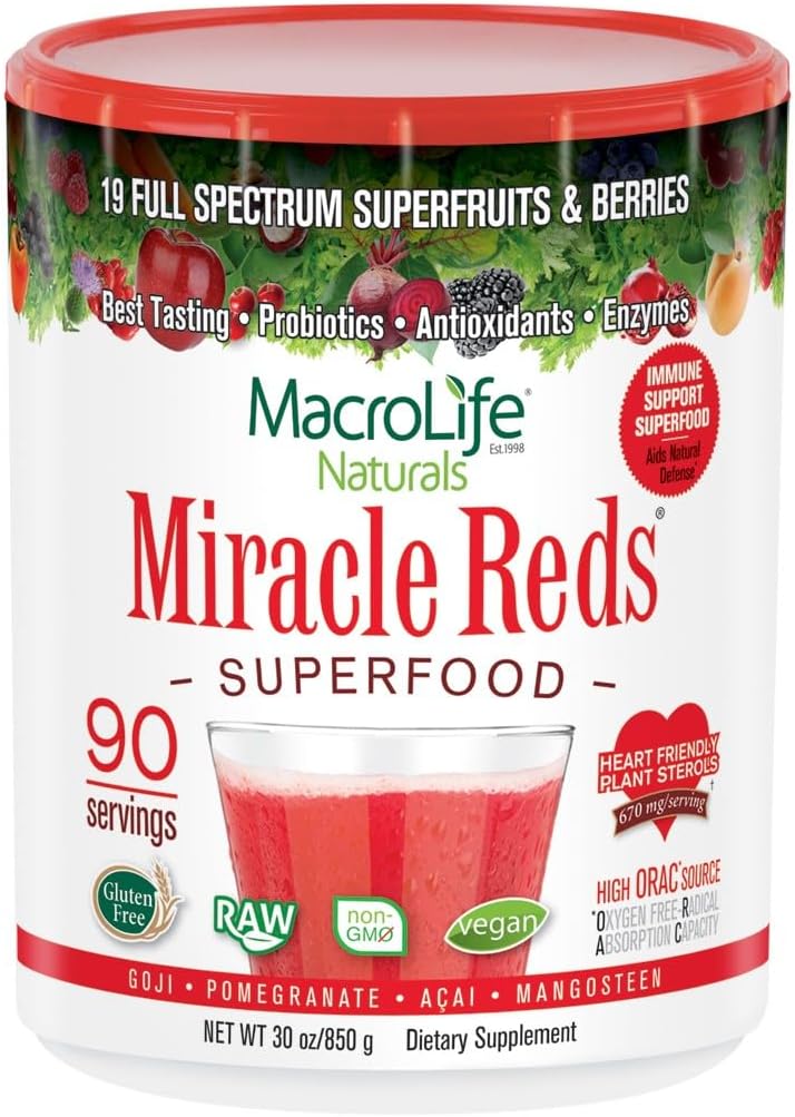 MacroLife Naturals Miracle Reds Superfood Supplement Powder Antioxidants Polyphenols Enzymes Probiotics - Raw Non-GMO Organic Vegan Gluten & Dairy Free - 30oz (90 portioner) 30oz