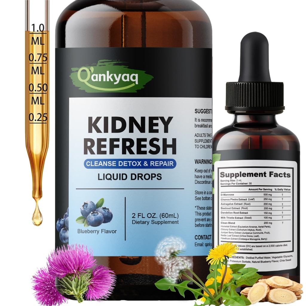 Kidney Cleanse Drops with Astragalus, Chanca Piedra | Urinary Tract Support Liquid Detox & Repair | Vegan, Natural Blueberry Flavor - 2 Fl Oz
