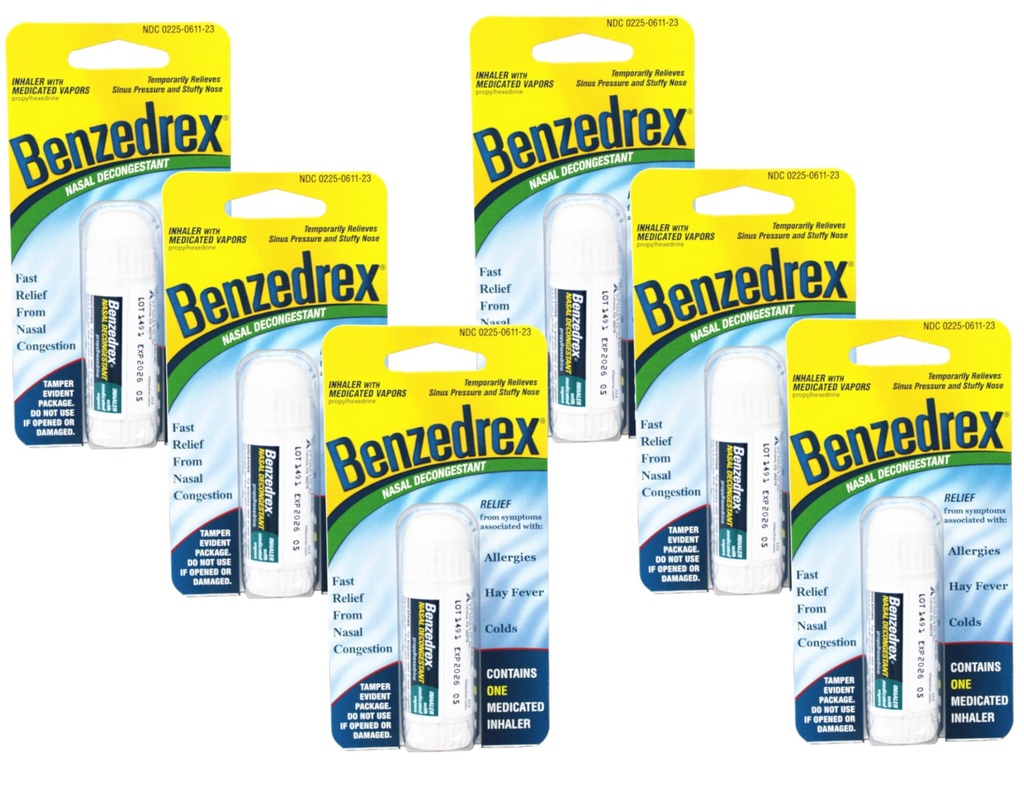Benzedrex Nasal Decongestant Inhaler – Medicated Vapor Relief for Sinus Pressure, Nasal Congestion, Allergies, Hay Fever & Colds (Pack of 6)