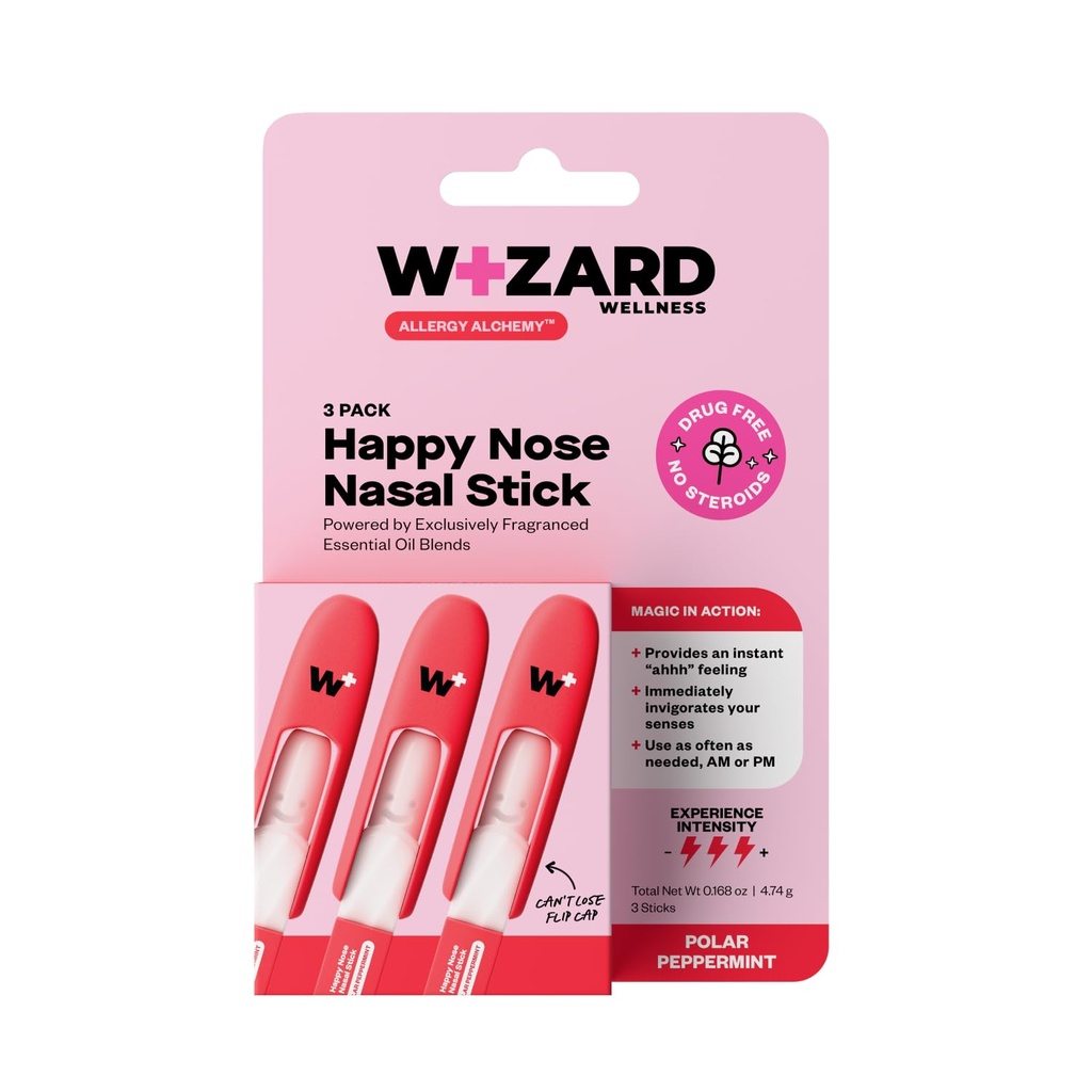 WIZARD WELLNESS Happy Nose Nasal Stick Inhaler for Sinus Comfort | Pocket-Sized Aromatherapy Inhaler with Essential Oils | Mess-Free Nasal Spray Alternative | Drug-Free | Polar Peppermint | 3-Pack