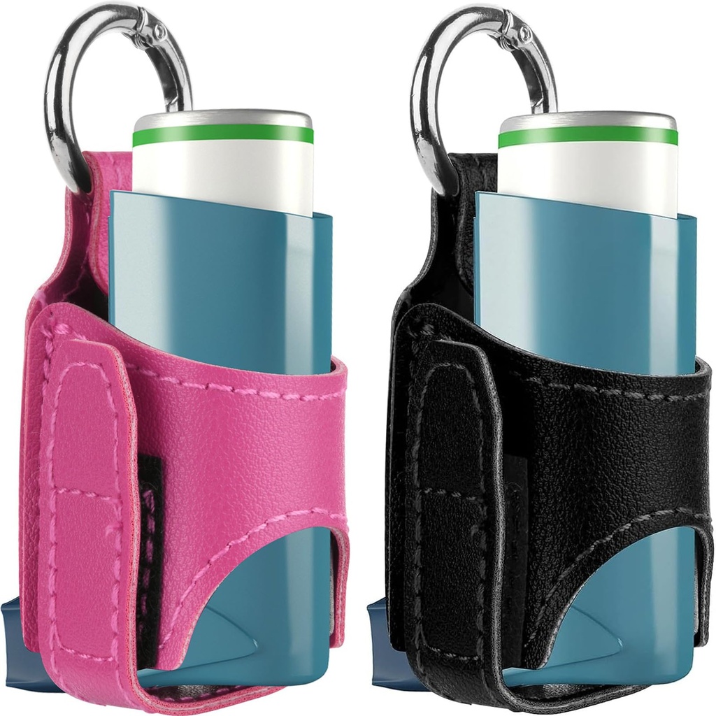 Beautyflier Asthma Inhaler Holder Keychain, Travel Handy Mini Holster with Carabiner Clip, Lightweight Inhaler Carrier for Asthma Inhaler Spacer for Adults and Children, Holder Only (Black + Hot Pink)