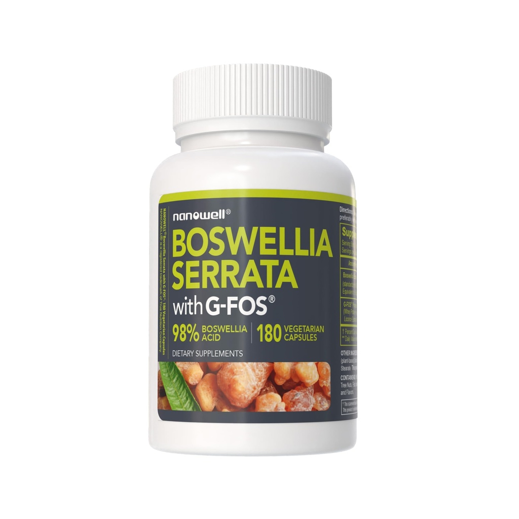 NANOWELL Boswellia Serrata with G-FOS - 98% Boswellic Acid - Supports Joint & Mobility Health - 180 Vegan Capsules, 180 Day Supply