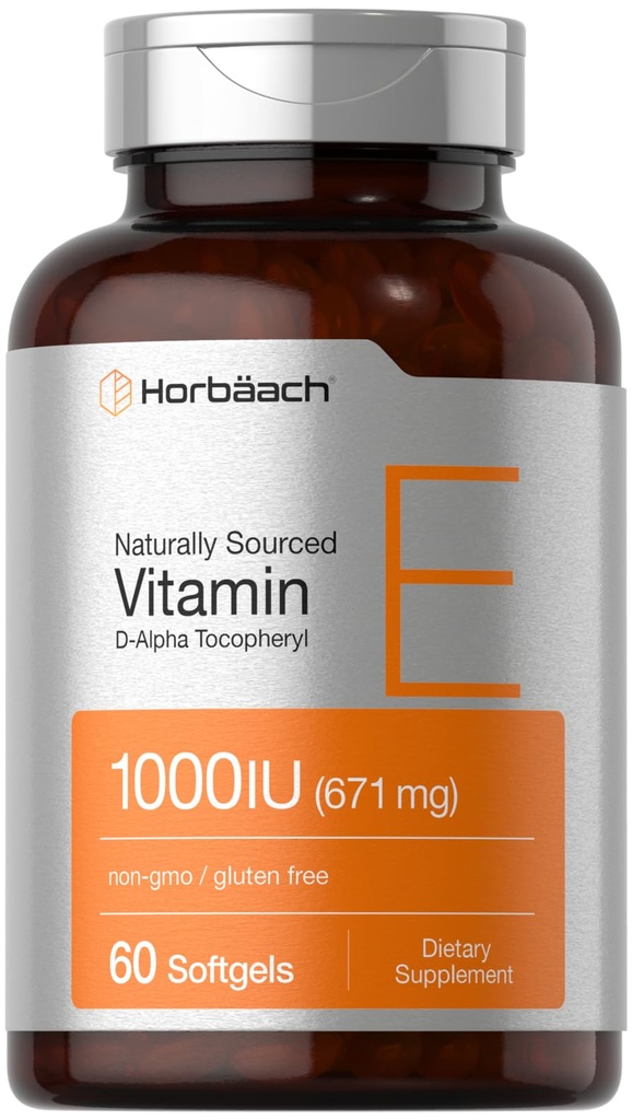 Horbäach Vitamin E 1000 iu Softgels | 671mg | 60 Count | Non-GMO and Gluten Free Naturally-Sourced Formula | D-Alpha Tocopherol