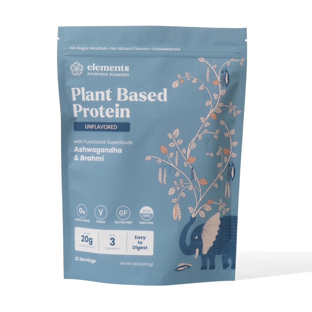 Elements Unflavored Plant Protein Powder | 20g Protein | Complete Amino Acid Profile | Ayurvedic Adaptogens Ashwagandha & Brahmi | Vegan | No Added Sugar | 21 Servings