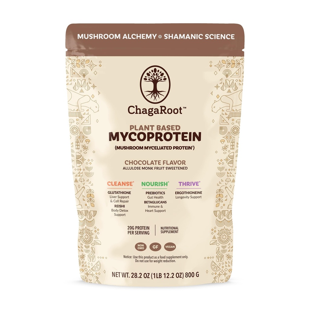 Mycoprotein Mushroom Protein Powder, Chocolate Flavor, 20g Plant Based Protein per Serving, Reishi, Chaga, Lions Mane, Shiitake, Turkey Tail, Vegan, Gluten Free, Coffee, Smoothies, 1.76 lb