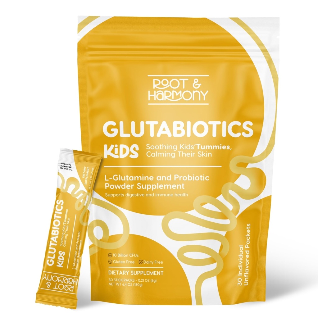 Root & Harmony Glutabiotics Kids Probiotic & L-Glutamine Powder Daily Children's Gut Health, Skin & Immune Support Supplement, Unflavored, Dairy Free, Gluten Free, 10 Billion CFU, Powder, 30 Count