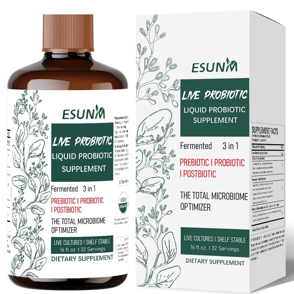 ESUNM 3-in-1 Liquid Probiotic Complex with Prebiotics, Probiotics & Postbiotics - Features 10 Clinical Strains + 18 Organic Fermented Herbs - Complete Gut & Microbiome Support for Men & Women (16 oz)