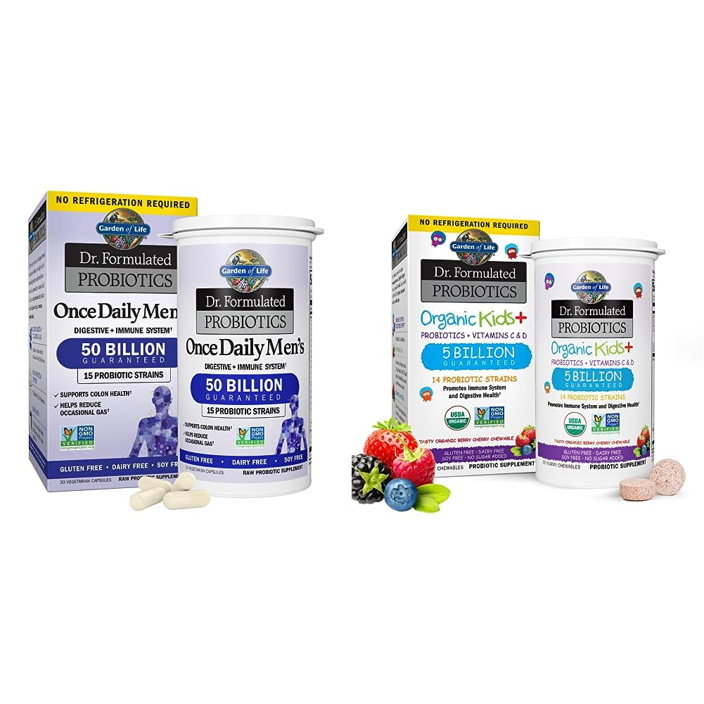 Garden of Life Probiotics for Men Dr Formulated 50 Billion CFU 15 Probiotics & Dr. Formulated Probiotics Organic Kids+ Plus Vitamin C & D - Berry Cherry - Gluten