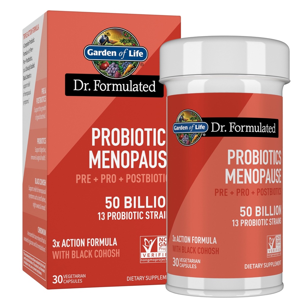 Garden of Life Dr. Formulated Menopause Probiotics with Black Cohosh, Chromium and Pre, Pro & Postbiotics – Menopause Supplements for Women, Immune Health, Non-GMO, Gluten-Free, 30 Vegetarian Capsules