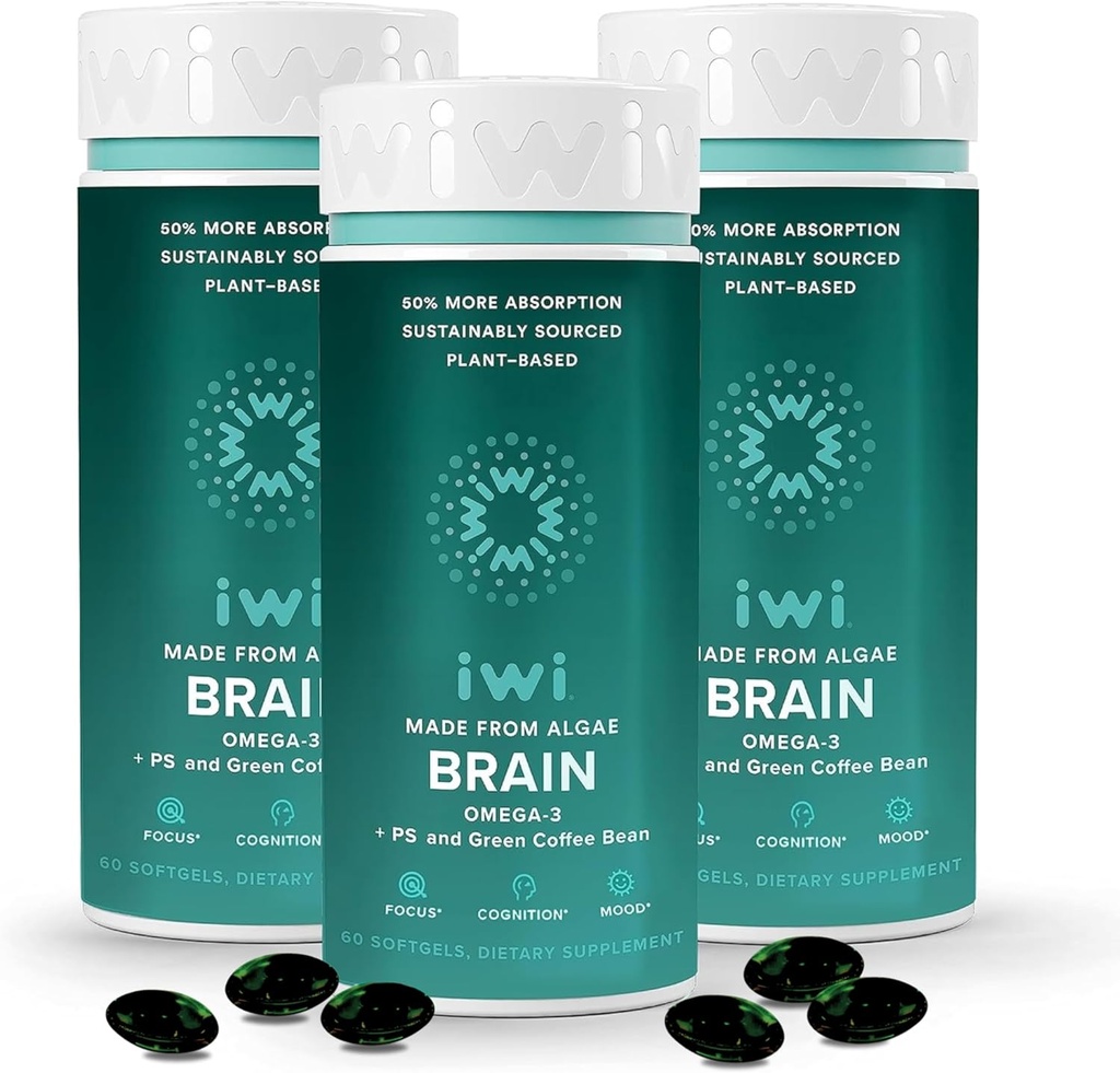 iwi vida Cérebro Omega-3, 180 Softgels (90 Servings), Vegan planta-baseada Algae Omega-3 com EPA + DHA, Foco, Memória e suporte de humor Suplemento dietético, Krill & óleo de peixe alternativa, Sem gosto de peixe